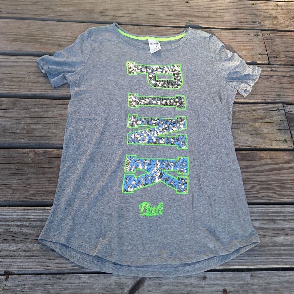 Victorias Secret PINK Heather Gray Sequin Logo Womens Tee M Cotton Blend *READ*